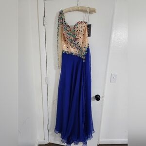 Mac Duggal Blue One Shoulder Beaded Prom Dress Chiffon Slit Gown NWT Size  10